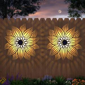 lot 19915 image: Hapjoy Solar Fence Lights 2 Pack Outdoor Deck Step Wall Lights Metal Waterproof LED Warm Yellow Light for Garden Post Patio Backyard Yard Decor (Flower, 2)