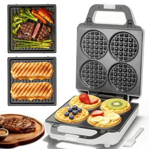 lot 19931 image: SugarWhisk 2 in 1 Mini Waffle Maker with Removable Plates, Panini Press Sandwich Maker, Sandwich Press, Waflera Electrica, Sandwichera Electrica, 4 X 4 Inch Classic Waffle Maker for Kids, White