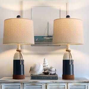 lot 19940 image: OYEARS 23.75 Table Lamps Set of 2, Bedside Lamps for Nightstands, Nautical Table Lamps for Living Room, Coastal Ocean Beach Style, Resin, Navy Blue