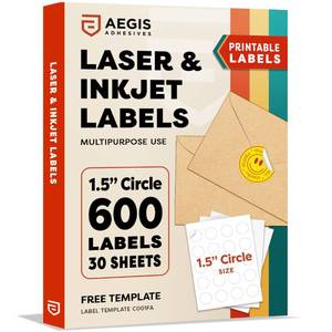 lot 20002 image: 1.5 Printable Round Labels for Laser and Inkjet Printers - 600 Blank Labels, 30 Sheets of Custom Stickers for Business Logos, Thank You Stickers, QR Codes - Aegis Adhesives Template C001FA (Not All Pieces Guaranteed)