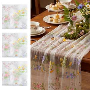 lot 20008 image: Windkream Ivory White Floral Table Runner 10ft Embroidery Tulle Spring Wildflower Table Runner Seasonal Summer Butterfly Kitchen Dining Gauze Decoration for Wedding Baby Shower Birthday Party (3 Pcs)