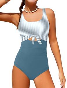 lot 20017 image: Qaoerde Girls Swimsuit Bathing Suits Size 8-10 Cutout Ruched One Piece Swimsuits Tie Adjustable Straps Bathing Suit Color Block Girls Swimwear Blue 9-10Y