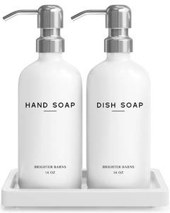 lot 20036 image: White Glass Hand and Dish Soap Dispenser Set by Brighter Barns - Kitchen Soap Dispenser Set with Tray & Pump for Office, Hotel, Vacation Rental, Airbnb - Modern Kitchen Decor & Accessories (White)