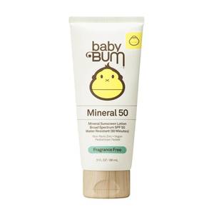 lot 20053 image: Baby Bum SPF 50 Sunscreen Lotion - Mineral UVAUVB Face and Body Protection for Sensitive Skin - Hawaii 104 Act Compliant (Made without Octinoxate & Oxybenzone) - Fragrance Free - Travel Size - 3 oz