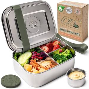 lot 20092 image: Everusely - Bento Box - Sage, 27oz  0.8 L - Stainless Steel Lunch Box with Leakproof Condiment Container - 3 Compartment Snack Organizer for On the Go Meals - Freezer & Dishwasher Safe