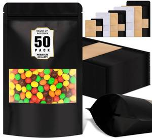 lot 20096 image: Jetmore 50 Pcs Stand Up Pouches, Resealable Smell Proof Bag, Reusable Snack Bags with Window, Food Storage Bag for Cookie, Sandwich, Baked Goods, Jerky, Tea, Bath Salts, Dog Treat, Baking Supplies