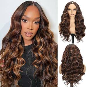 lot 20100 image: Aisaide Brown Highlight V Part Wig Body Wave For Black Women 24Inch Glueless Full Head Clip In Half Wig V Shape No Leave Out Wear and Go Highlighted Body Brown Wig for Women