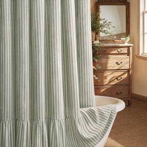 lot 20482 image: XOGUIBO Farmhouse Shower Curtain with Ruffle Hem Linen Shower Curtains for Bathroom Country Vintage Rustic Natural Fabric, Cream-Green Stripe 54 W x 72 L