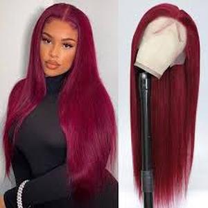 lot 10017 image: mdgfge 26 Inch Burgundy Straight Lace Front Wigs Human Hair Transparent Pre Plucked Lace Frontal Wigs Human Synthetic Hair Wine Red Glueless Wigs for Black Women Halloween Cosplay Party