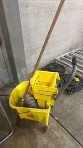 lot 11634 image: Yellow Commercial Mop Bucket with Wringer and Floor Buffer
