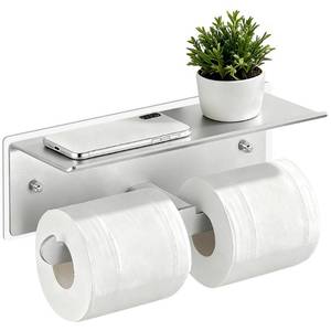 lot 514 image: Faixero Toilet Paper Holder with Shelf, Adhesive Double Tissue Roll Holder Wall Mounted for Bathroom, Silver - Retail $16