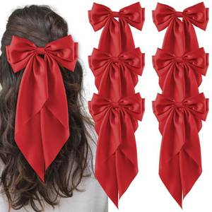 lot 583 image: hisial 6Pcs Large Bows Hair Clips for Women Girls Long Tail Hair Ribbon Silky Satin Barrettes Coquette Bows Accessories (Red) - Retail $10