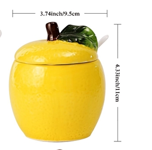 lot 652 image: KHGBT Hand-painted Ceramic Fruit Shape Sugar Bowl Spice Jar Seasoning Pot with Lid Spoon (Lemon) - Retail $13