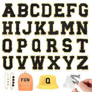 lot 754 image: Chenille Letter Patches Self-Adhesive for Bags NICEVINYL 26Pcs Black Fuzzy Varsity Patches with Pin Stick on - Initial Letters Embroidered Chenille Sticker for Clothing Hats Backpacks Fabric
