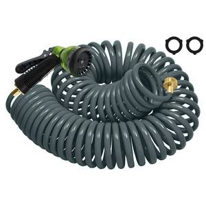 lot 760 image: Coil Hose 25FT EVA Coil Garden Hose With 34 Brass Connector Coiled Water Hose Lightweight And No Kink Includes 7 Patterns Spray Nozzle For Outdoors Lawn Watering Car Washing - Retail $22