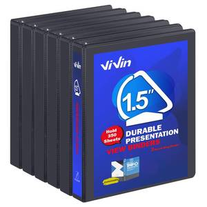 lot 772 image: ViVin Sturdy 1.5 Inch D Ring Binders, 1.5 3 Ring View Binder with Customizable Clear Cover, Holds 350 Sheets of 8.5 x 11 Paper, 6 Pack, Black - Retail $36