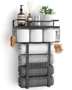 lot 794 image: Wall Mounted Towel Rack for Bathroom - Bath Storage Holder Set Above Toilet, Rolled Towel Shelf Organizer, Wood Vertical Rack for Small Bathroom Decor, Black - Retail $23