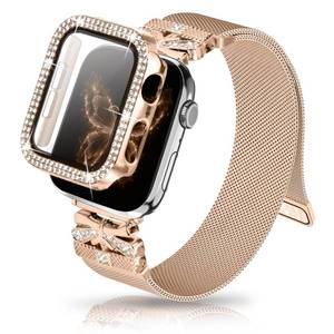 lot 815 image: Youthrun Magnetic Band for Women Compatible with Apple Watch Band 38mm 40mm 41mm 42mm 44mm 45mm 46mm Milanese Stainless Steel Loop with Bling Protective Case, Dressy Metal Strap Replacement iWatch Band (42MM Rose Gold) - Retail $19