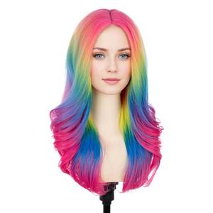 lot 945 image: BERON Women Rainbow Wig Long Colorful Wavy Curly Wig for Girls Adult Multi Color Wigs for Cosplay Party Multicolor Wigs with Cap - Retail $26