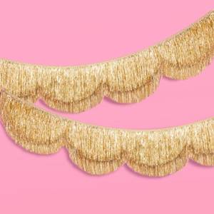 lot 967 image: xo, Fetti Gold Scalloped Layered Fringe Banner - 5 Ft.  Bachelorette Party Decorations, Birthday Party Decor, HBD Decor, Photo Booth Banner Backdrop - Retail $27