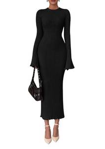 lot 982 image: Pre Owned PRETTYGARDEN Sweater Dresses for Women 2026 Fall Bell Long Sleeve Crew Neck Bodycon Maxi Dress Winter Ribbed Knit Outfits (Black,Small) - Retail $53
