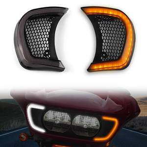 lot 988 image: LED Headlight Vent Turn Signal for Road Glide, LED Fairing Vent Accent Lamp Indicator Side Lights for Harley Road Glide FLTRX Special FLTRXS CVO Ultra FLTRX 2015-2024 Accessories (Smoked Lens) - Retail $57