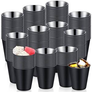 lot 998 image: Lallisa 100 Pcs 2 oz Stainless Steel Shot Glasses Metal Cups Small Unbreakable Shot Glass for Espresso Whiskey Bar Home Restaurant Camping Barware Gift (Black) - Retail $59