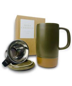 lot 20876 image: Mora Ceramics Large Tea Mug with Loose Leaf Infuser and Ceramic Lid, 18 oz, Portable, Microwave and Dishwasher Safe, Tall Coffee Cup - Rustic Matte Ceramic Glaze, Modern Herbal Tea Strainer, Olive - Retail $21