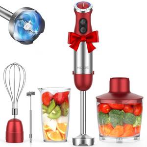 lot 20877 image: KOIOS 5-in-1 Hand Immersion Blender, 1000W 12 Speed Handheld Blender Stick with Copper Motor Stainless Steel Blade, 600ml Mixing Beaker,500ml Food Processor, Whisk, Milk Frother, Non-BPA, Red - Retail $35