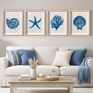 lot 20880 image: Memorywuu 4 Pack Framed Coastal Wall Art Set, Seashell Starfish Coral Conch Prints with Wooden Frame Beach Nautical Wall Decor for Home Bathroom Living Room Bedroom, 10.5 x 8.5 Inch - Retail $33