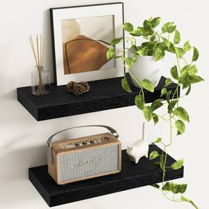 lot 20881 image: Fun Memories Deep Floating Shelves - 16 W x 9.3 D x 1.6 H Rustic Black Wall Shelf - Wall Mounted Shelves for Storage - Wooden Shelves with Invisible Brackets for Living Room, Farmhouse - Set of 2 - Retail $27