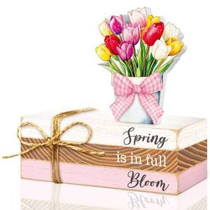 lot 20891 image: Ferraycle 4 Pcs Spring Table Decor Tulip Wooden Sign Spring Farmhouse Wooden Block Decorative Floral Book Tiered Tray Easter Decor Rustic Decoration for Bookshelf Fireplace Desk Living Room(Classic) - Retail $13
