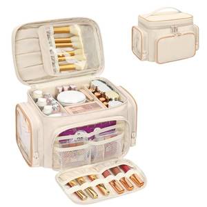 lot 20906 image: Bagmoly Large Makeup Bag, Portable Travel Makeup Bag Organizer for Women Girls with Makeup Brush Compartment & Two Side Pockets, Cosmetic Travel Bag Vertical Storage Toiletry - White - Retail $28