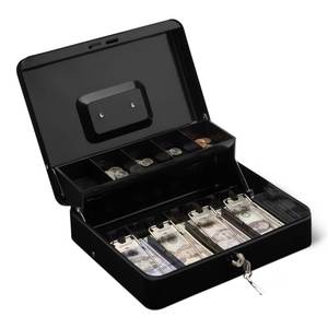 lot 20911 image: DAMAGE SEE PHOTOS Amazon Basics Cash Box with Lock Key, Money Organizer Tray, 11.81 x 9.45 x 3.54, Black - Retail $22