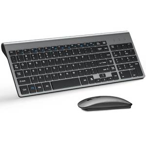 lot 20912 image: Wireless Keyboard and Mouse Ultra Slim Combo, TopMate 2.4G Silent Compact USB 2400DPI Mouse and Scissor Switch Keyboard Set with Cover, Batteries Included, for PCLaptopWindowsMac - Gray Black - Retail $33