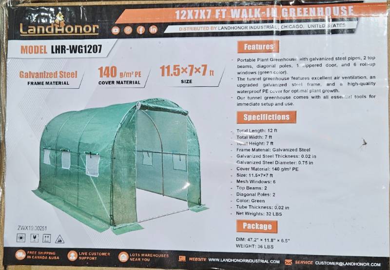 lot 3188 image: UNUSED LandHonor  LHR-WG1207 12X7X7 WALK-IN GREENHOUSE