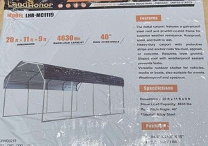 lot 3157 image: Unused LandHonor Metal Carport  LHR-MC1119  20ft x 11ft x 9ft