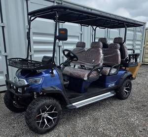lot 1016 image: Extremely Nice Unused Blue 6-Person HQ100 Golf Cart 5000W 60V-50 Mile Range-6 Luxury Seats w Headrests-DOT Seat Belts-DOT Acrylic Foldable Windshield-Headlights-Tail Lights-Turn Signals-Rear View Mirror-Horn-Rear Camera-LSUV Legal.