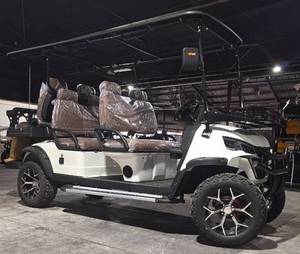 lot 1024 image: Extremely Nice Unused White 6-Person HQ100 Golf Cart 5000W 60V-50 Mile Range-6 Luxury Seats w Headrests-DOT Seat Belts-DOT Acrylic Foldable Windshield-Headlights-Tail Lights-Turn Signals-Rear View Mirror-Horn-Rear Camera-LSUV Legal.