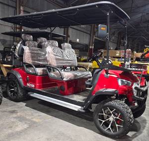 lot 1021 image: Extremely Nice Unused Red 6-Person HQ100 Golf Cart 5000W 60V-50 Mile Range-6 Luxury Seats w Headrests-DOT Seat Belts-DOT Acrylic Foldable Windshield-Headlights-Tail Lights-Turn Signals-Rear View Mirror-Horn-Rear Camera-LSUV Legal.