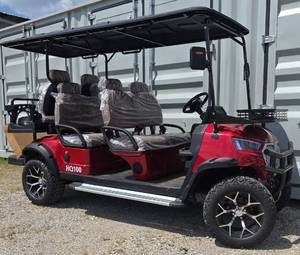 lot 1021 image: Extremely Nice Unused Red 6-Person HQ100 Golf Cart 5000W 60V-50 Mile Range-6 Luxury Seats w Headrests-DOT Seat Belts-DOT Acrylic Foldable Windshield-Headlights-Tail Lights-Turn Signals-Rear View Mirror-Horn-Rear Camera-LSUV Legal.