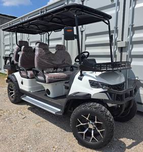 lot 1014 image: Extremely Nice Unused 6-Person HQ100 Golf Cart 5000W 60V-50 Mile Range-6 Luxury Seats w Headrests-DOT Seat Belts-DOT Acrylic Foldable Windshield-Headlights-Tail Lights-Turn Signals-Rear View Mirror-Horn-Rear Camera-LSUV Legal.