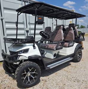 lot 1027 image: Extremely Nice Unused White 6-Person HQ100 Golf Cart 5000W 60V-50 Mile Range-6 Luxury Seats w Headrests-DOT Seat Belts-DOT Acrylic Foldable Windshield-Headlights-Tail Lights-Turn Signals-Rear View Mirror-Horn-Rear Camera-LSUV Legal.