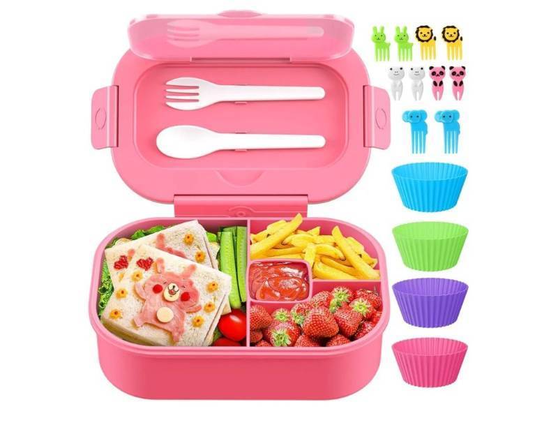 lot 37014 image: Bento Box, 44oz 4 Compartment Lunch Container with Cutlery for KidAdultToddler, Leak Proof, MicrowaveDishwasherRefrigerator Safe, BPA Free (Pink) - Retail $10