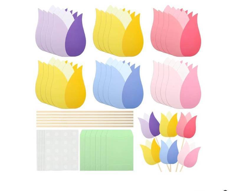 lot 37032 image: 24 Sets Tulip Gift Card Sleeves DIY Gift Card Bouquet Kit Colorful Flower Cards Holder with Sticks for Spring Teacher Appreciation Week Mothers Day Thank You Presents - Retail $17