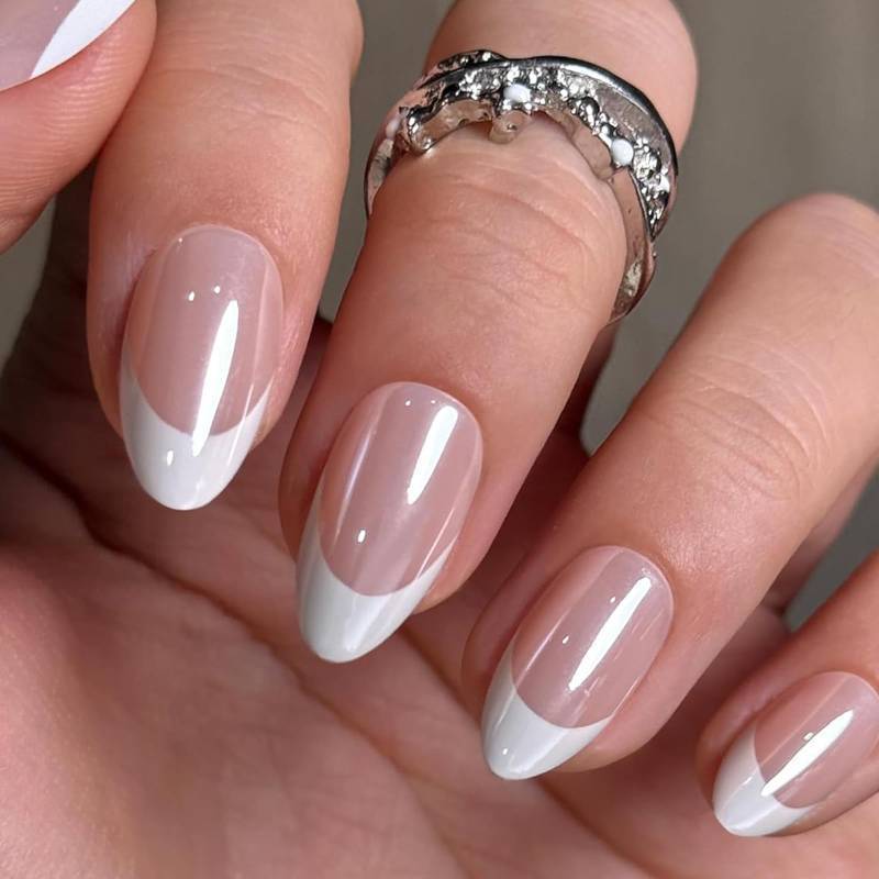 lot 37036 image: Press On Nails Almond French Tip Soft Gel Press Ons Short Kit with Nail Tips Glue on Nails, 16 Sizes - 32Pcs Reusable Chrome French Fake Nails Kit, Gift for Women - Retail $10