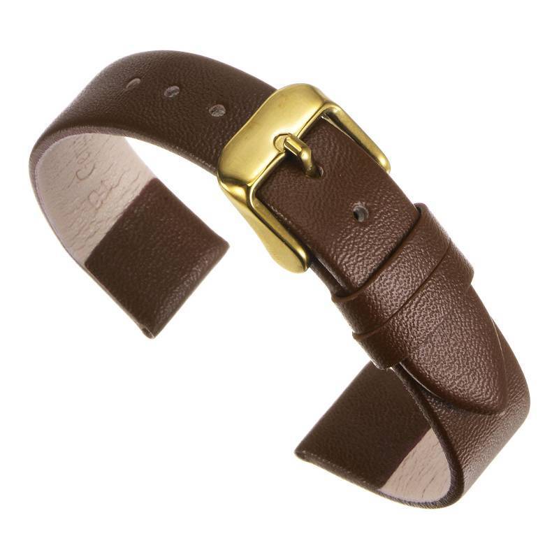 lot 37048 image: uxcell Dark Brown Genuine Leather Band 16mm Width, Flat Thin Elegant Leather Watch Strap Golden Tone Buckle for Women - Retail $10