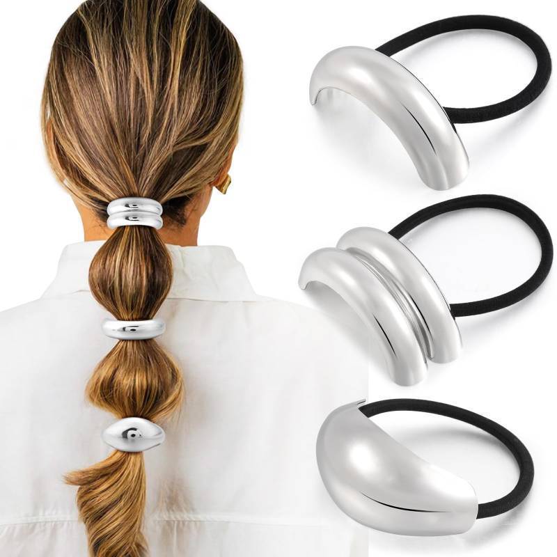lot 37055 image: 3PCS Silver Hair Ties, Metal Hair Ties for Thick Hair, Elegant Durable Geometric Design, Silver Hair Accessories Stretchy and Non-Damage Ponytail Holders, 3 Styles in Box Gifts Holiday - Retail $10