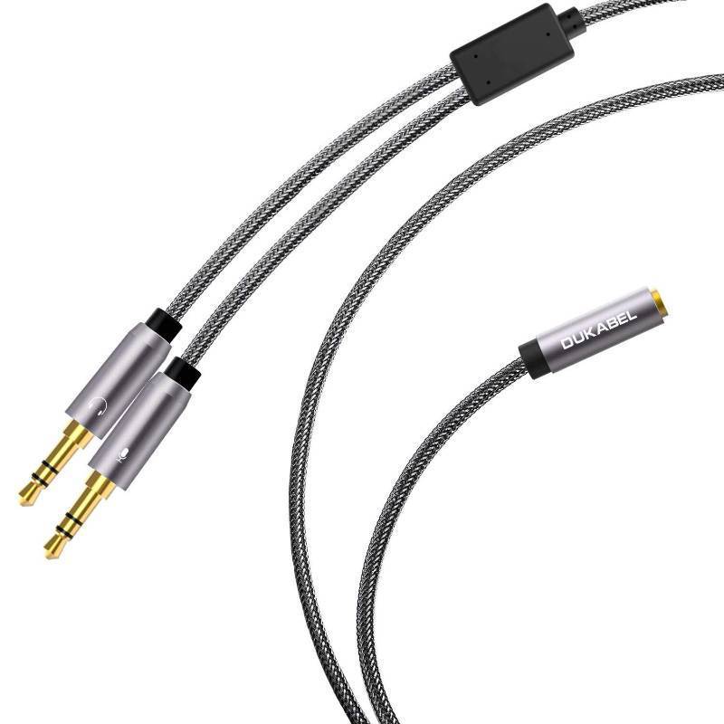 lot 37064 image: Long Headset Splitter Cable (4ft1.2m), 3-Pole TRS Microphone(Male) & Audio(Male) to Single 4-Pole TRRS (Famle) Jack Headphone AdapterCrystal-Nylon Braided  24K Gold Plated  99.99% 4N OFC - Retail $12