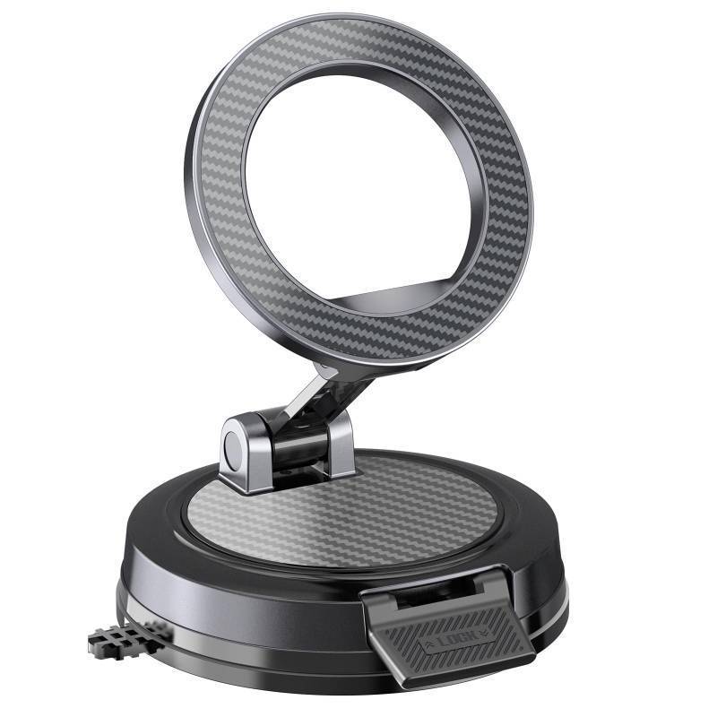 lot 37074 image: Strong Magnetic Phone Holder for Car & Desk, Compatible with MagSafe, Secure Lock, Universal 360° Rota-Table Car Phone Mount for Dashboard, Glass, Table, Carbon Fiber - Retail $23